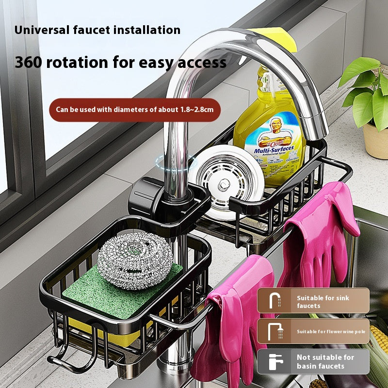 Aluminum Kitchen Sink Faucet Storage Rack With Drain Basket
