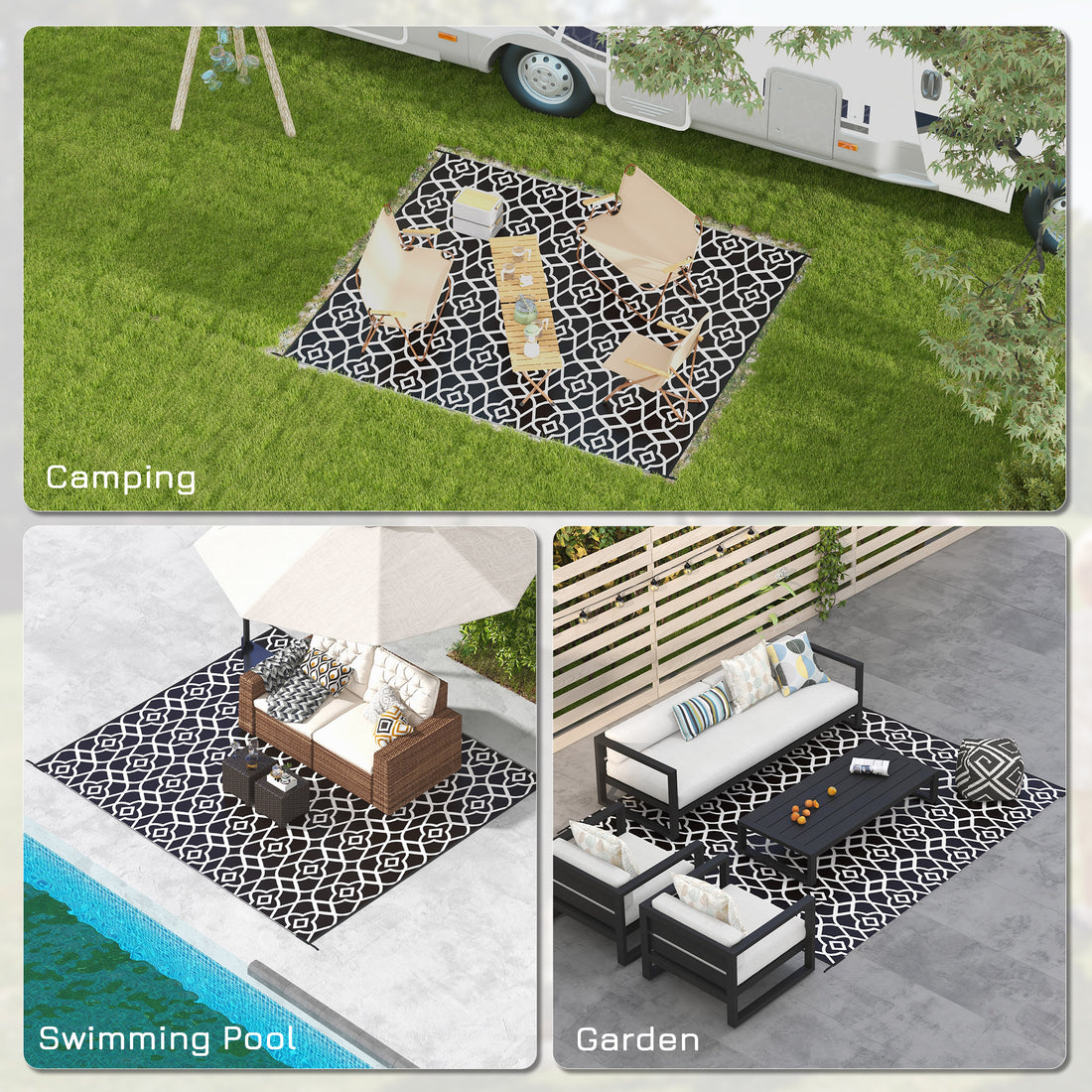 8×10 RV Camping Rug With Carry Bag, Black & White Clover Pattern