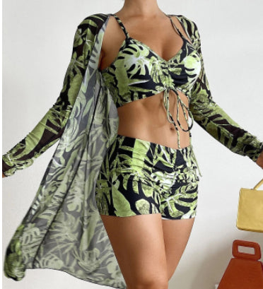 High Waist Three-Piece Long Sleeve Drawstring Swimsuit Set