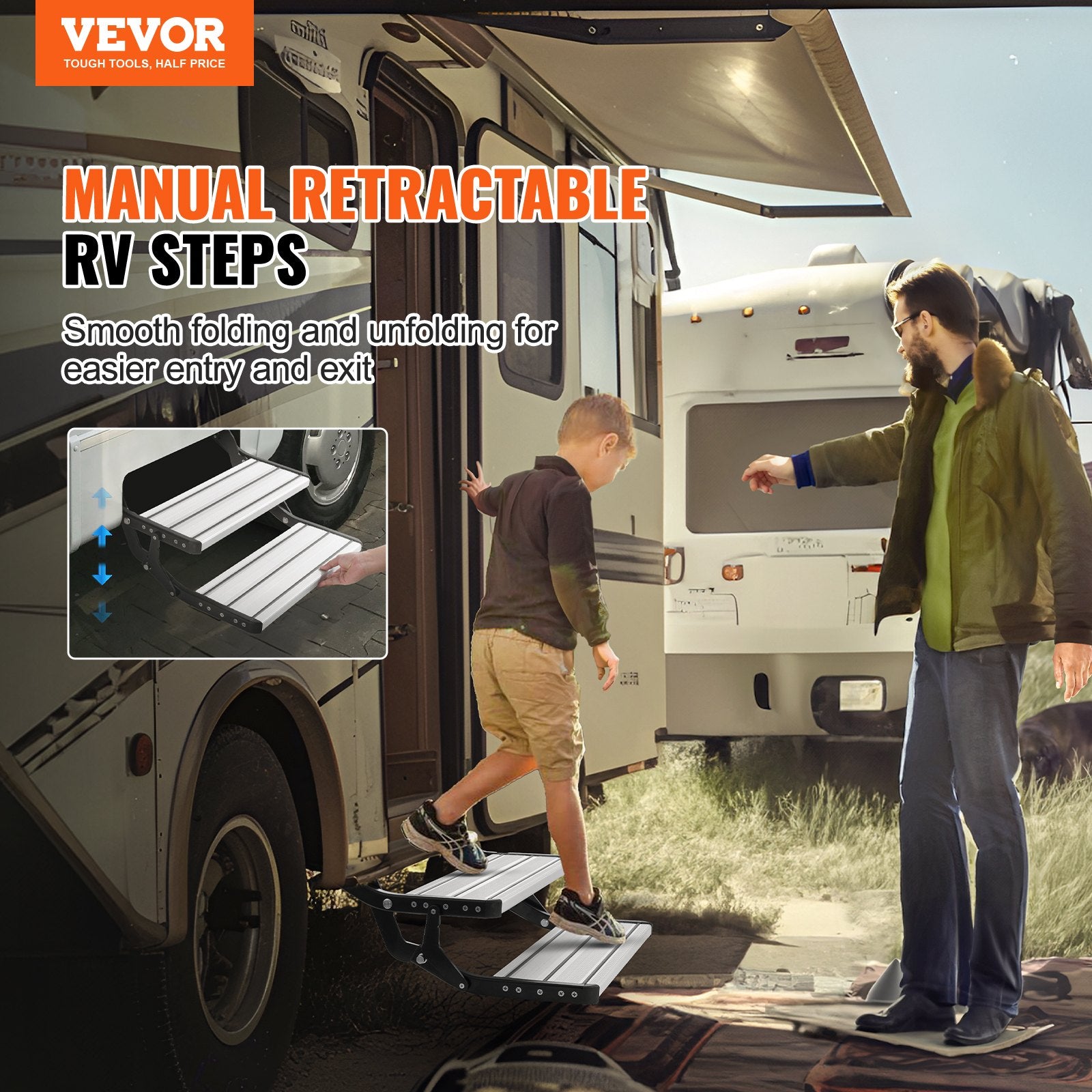 RV Steps, 2-Step, Manual Retractable RV Stairs, Foldable