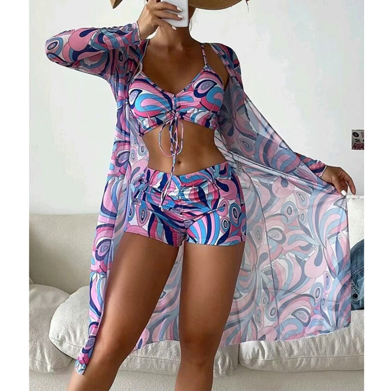 High Waist Three-Piece Long Sleeve Drawstring Swimsuit Set