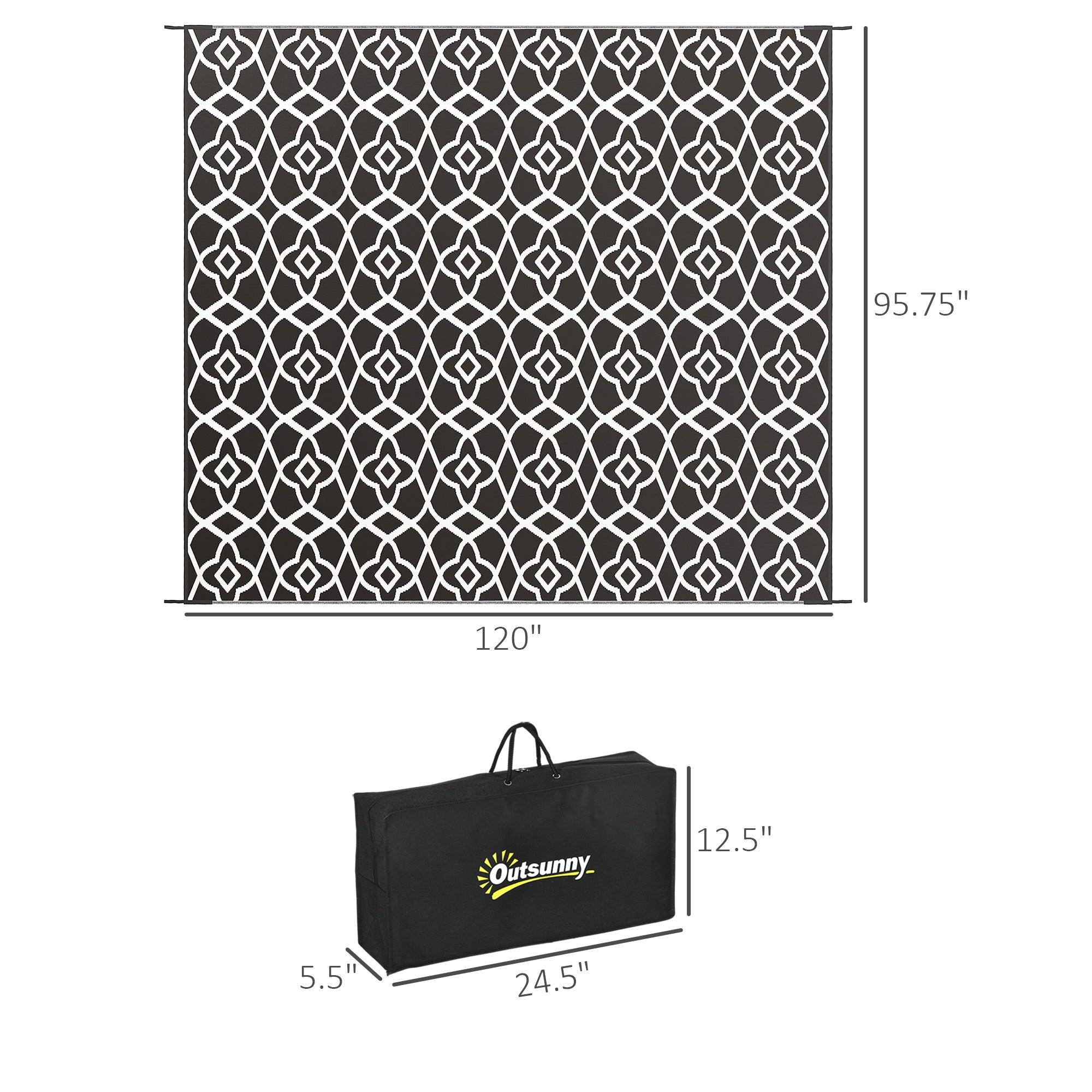 8×10 RV Camping Rug With Carry Bag, Black & White Clover Pattern