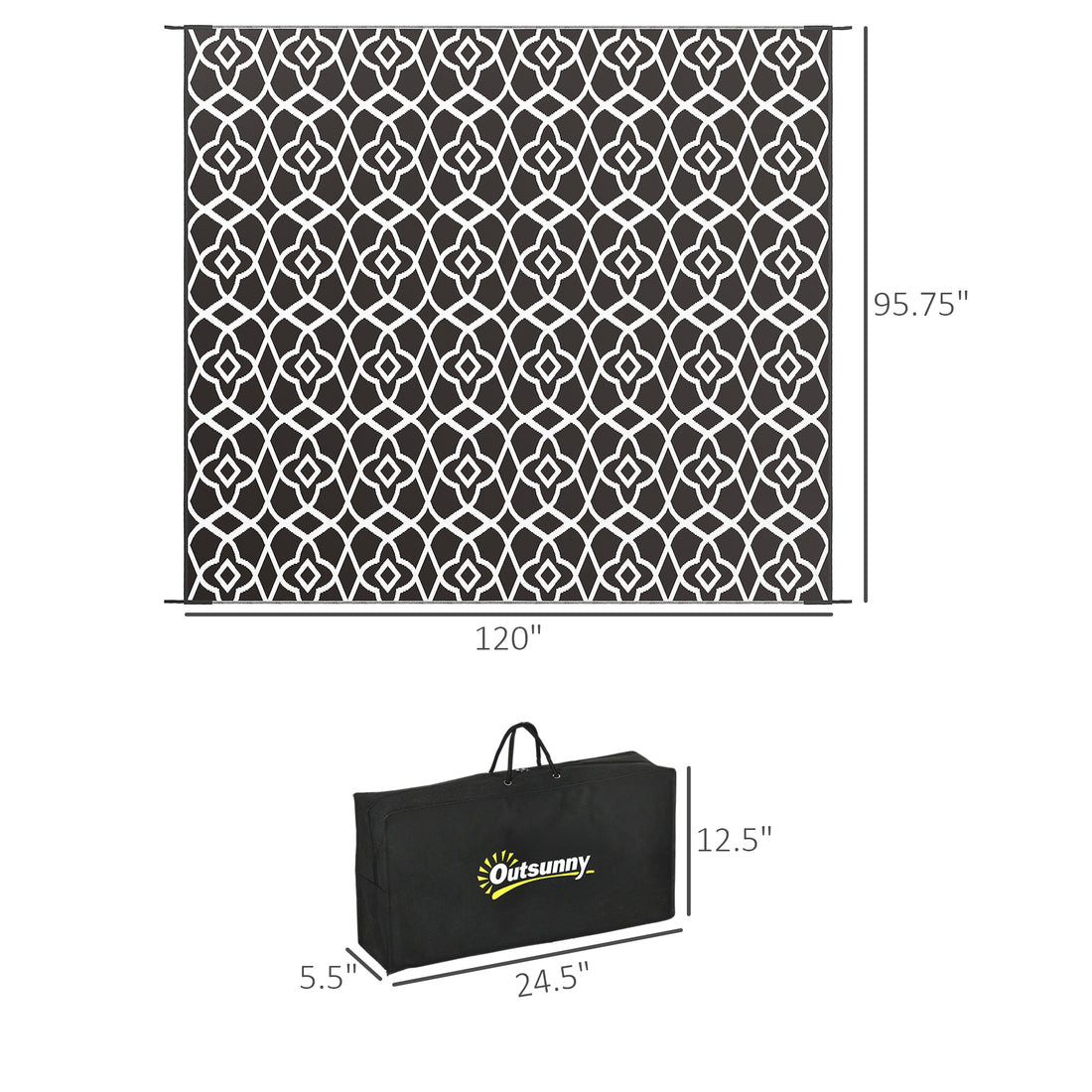 8×10 RV Camping Rug With Carry Bag, Black & White Clover Pattern