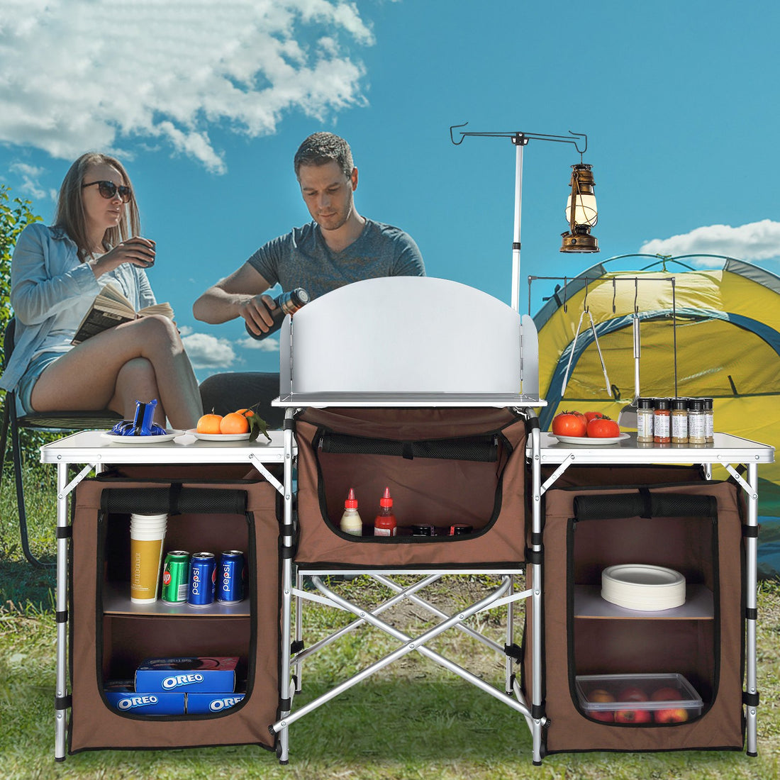 Folding Camping Kitchen Table With Storage Bag And Windscreen