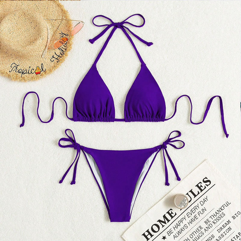 Solid Color Side Tie Halter Bikini Swimsuit