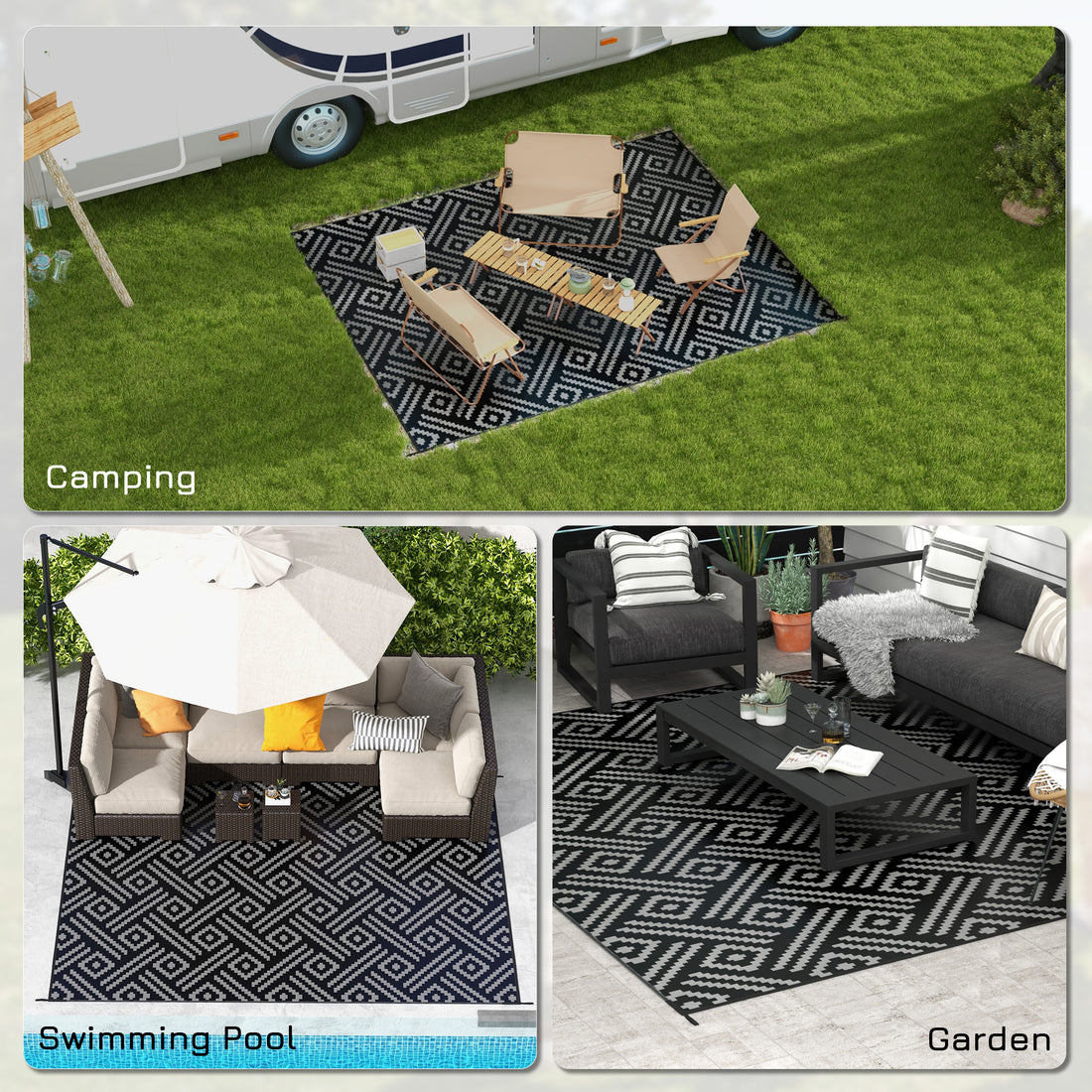 Reversible Black & Gray Geometric Outdoor Rug