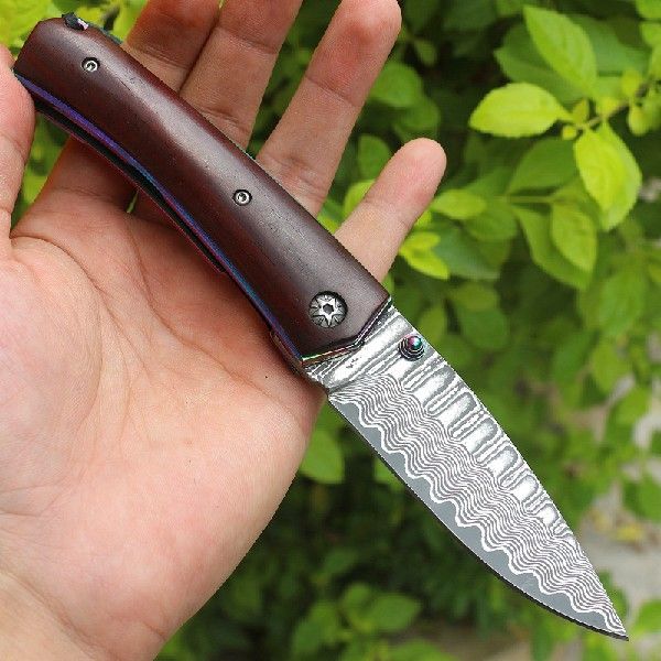 Ebony Damascus Folding Knife Outdoor Camping Pocket Knife