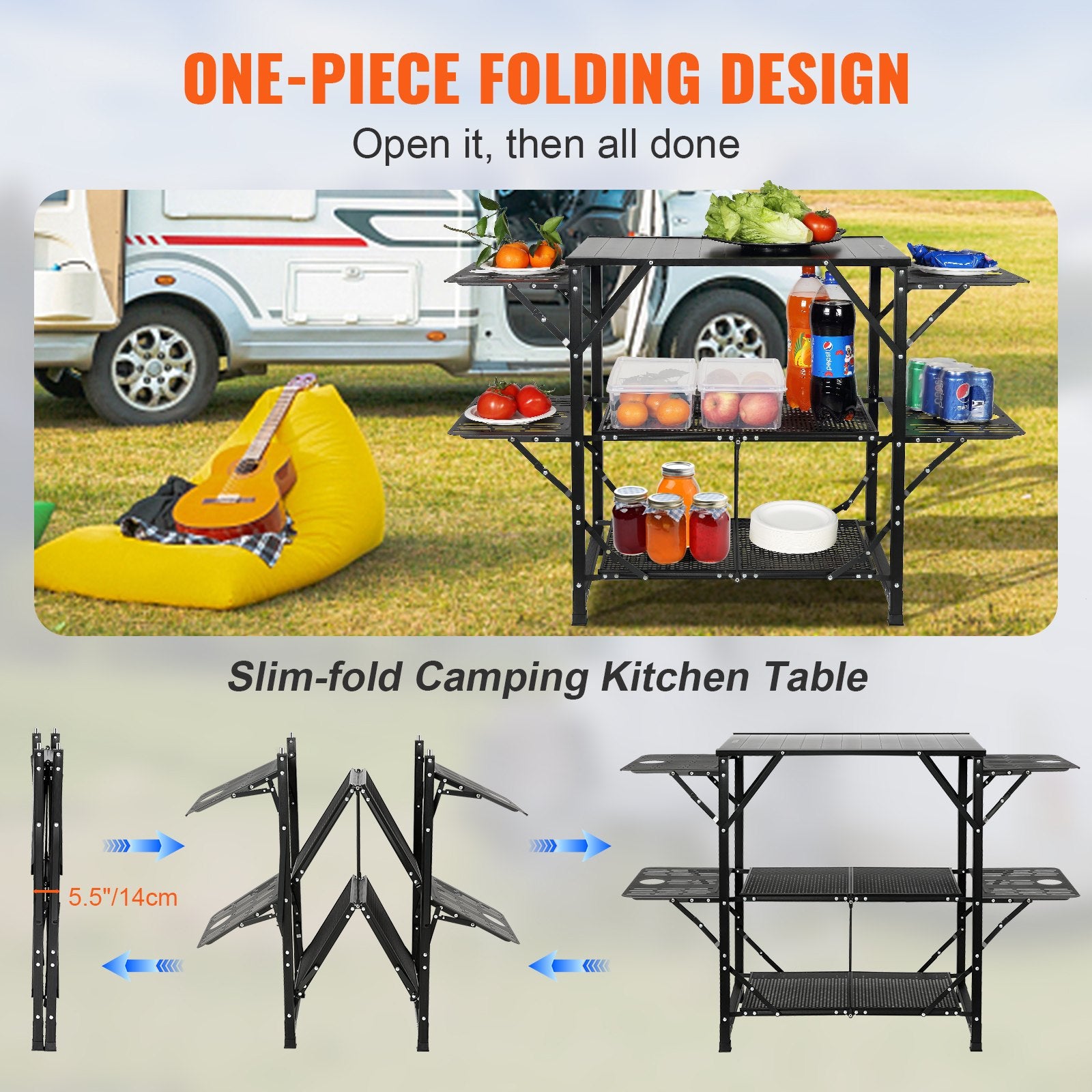Folding Camping Kitchen Cook Station With Carry Bag, Shelves & Side Tables
