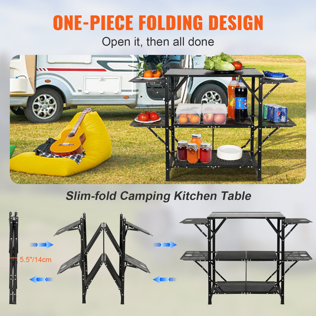 Folding Camping Kitchen Cook Station With Carry Bag, Shelves & Side Tables